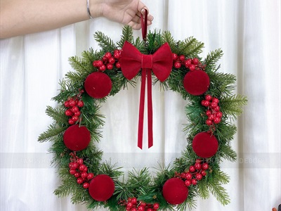 Vòng nguyệt quế Noel Châu nhung nơ đỏ ĐK 50cm VNGQ-X-39